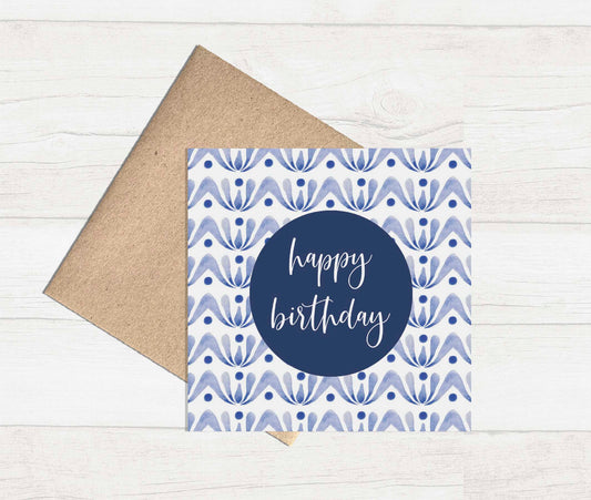 Watercolour Greeting Card - Blue Pattern Happy Birthday