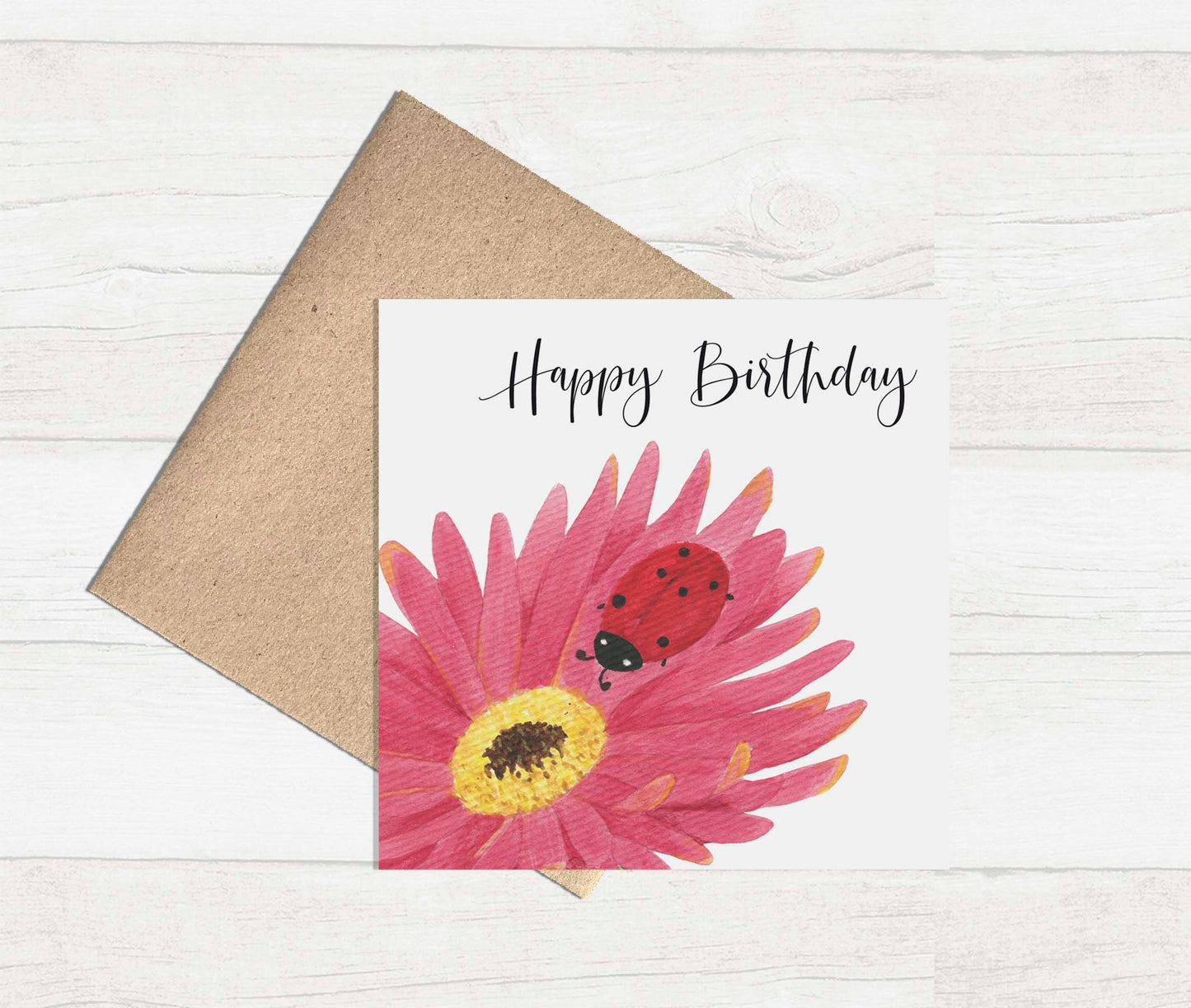 Watercolour Greeting Card - Gerbera and Lady Bug